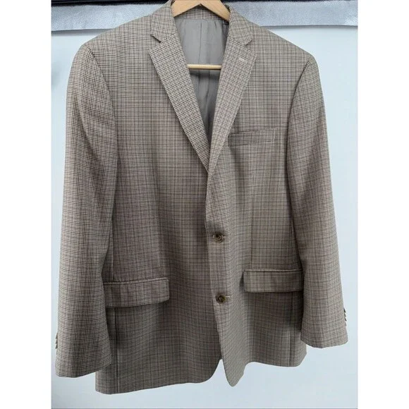Mens 44L Michael Kors Tan Blue Houndstooth Suit Jacket Sport Coat - Picture 9 of 10